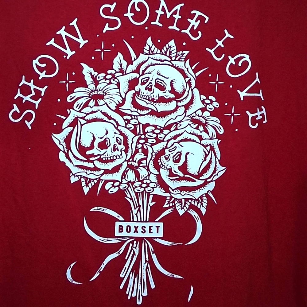 Red Graphic Tee with Skull and Rose Design